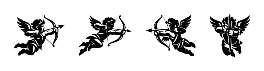 Fototapeta premium Silhouette vector of cupid with bow and arrow set in black and white