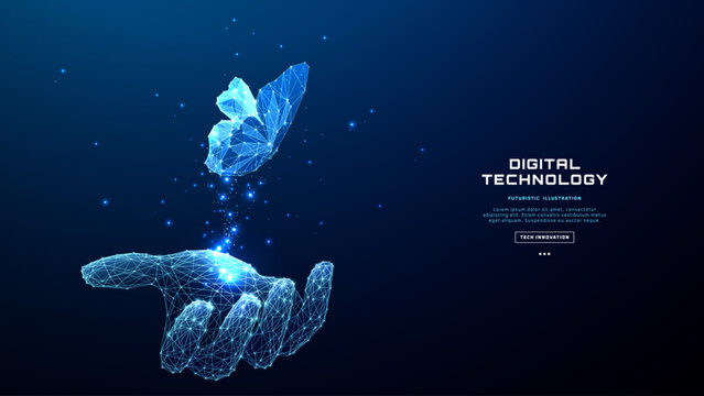 Digital butterfly emerges from hand against abstract tech background, symbolizing AI transformation and data-driven business innovation in modern network systems.