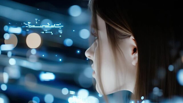 A woman pays attention to data displayed on screens in a tech space at night. She shows signs of concentration and engagement