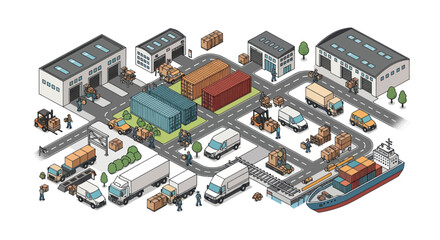 Obraz premium Isometric Logistics Hub with Trucks Ships and Warehouses.