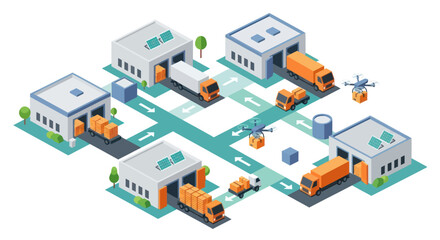 Obraz premium Isometric Logistics Network with Warehouses and Delivery Trucks.