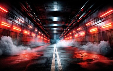 Dark Cinematic Illustration of an Industrial Tunnel with Dramatic Lighting