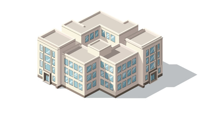 Isometric modern office building with multiple floors and large windows.
