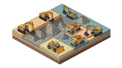 Isometric view of a busy construction site with various heavy machinery at work.
