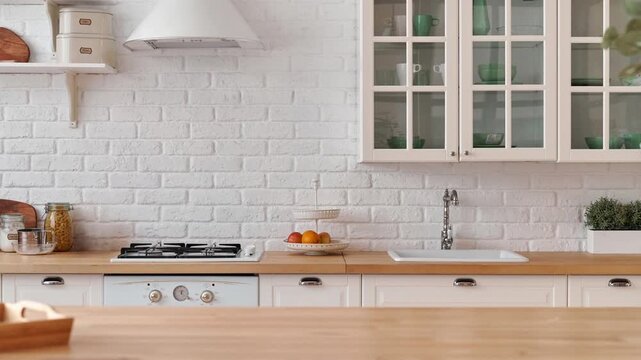 Empty kitchen counter, top table with modern kitchen room background.