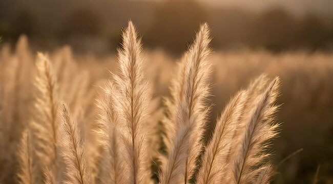 Close-up of feathery grass stalks illuminated by warm, soft light