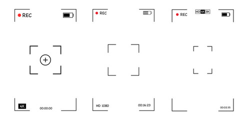 Camera viewfinder phone interface set, video frame. Surveillance screen, record frame doodle. Movie mode, photo shooting mode. military viewfinder overlay. Screen photography frame for video, © Alyona