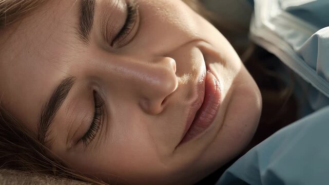 Woman lying on pillow, resting and breathing, letting smile deepen, highlighting skin beauty