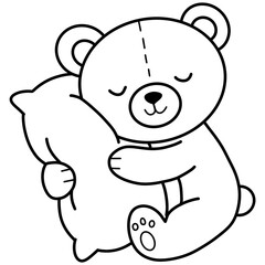 Obraz premium Cute Teddy Bear Hugging A Pillow For Sleep A Black And White Line Drawing Illustration