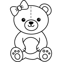 Naklejka premium Cute Teddy Bear Outline With Bow Sitting Front View Simple Line Drawing