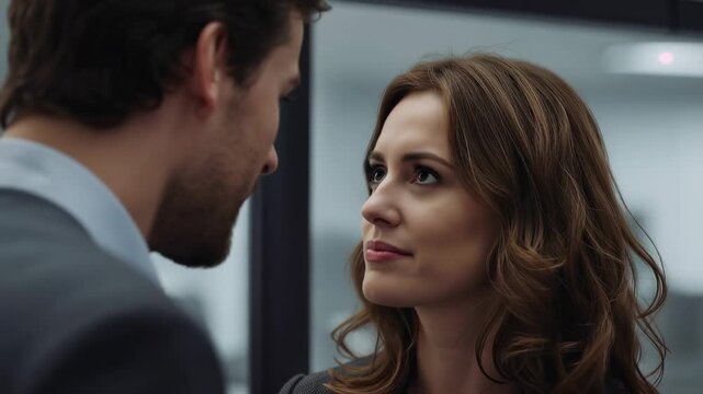 Smiling woman leaning in whispering to man listening showing romance in office with glass, blazer