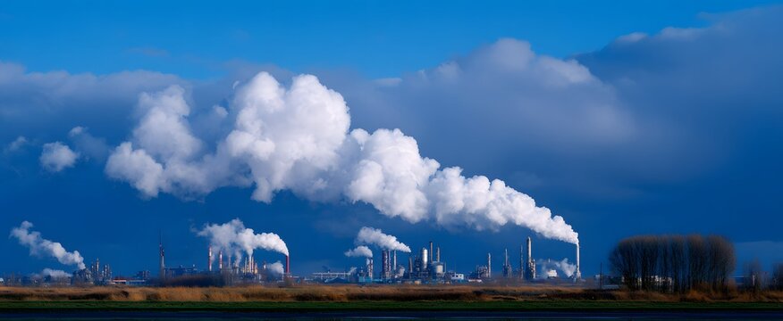 Large refinery belches thick ivory smoke evoking gloom and heavy despair against sky