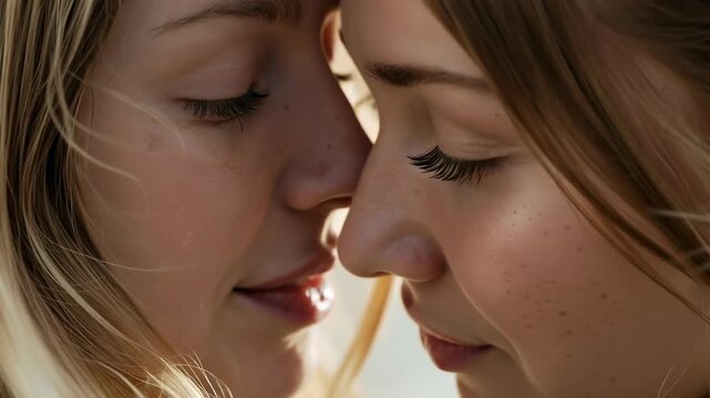 Leaning two women nuzzling at park, freckles and lashes catching backlight and breeze