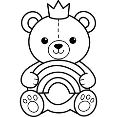 Fototapeta premium Outline Drawing Of A Cute Teddy Bear Wearing A Crown Holding A Rainbow Coloring Book Page