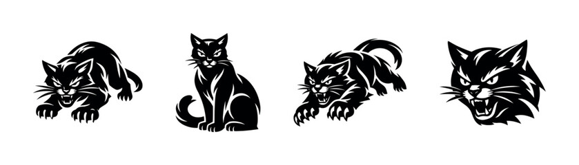 Obraz premium Black and white cat silhouettes set illustrating various aggressive poses