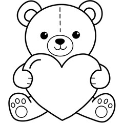 Simple Line Art Teddy Bear Holding Heart Outline On White Background