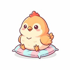 Fototapeta premium Adorable Little Chicken Character Sitting Comfortably on a Soft Pillow