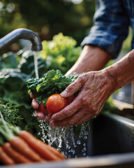 A gardener is seen washing freshly harvested vegetables in a sink, showcasing the rewards of hard work, the beauty of organic produce, and the satisfaction of a fruitful harvest.