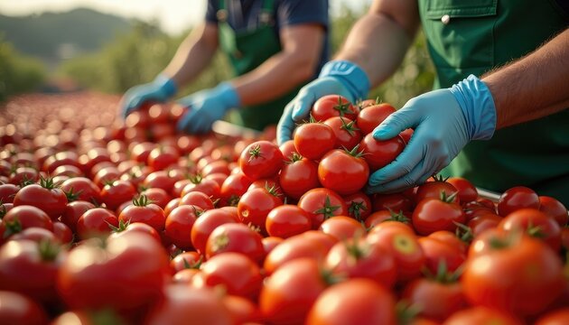 Farmer harvesting fresh ripe tomatoes in field. Gardener picking organic vegetable crop during autumn. Professional agricultural worker in apron and glove collecting red tomato harvest.