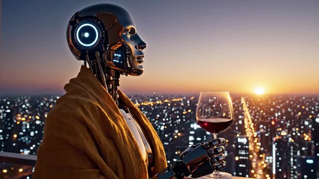 Humanoid robot sips red wine on a rooftop, watching the sunset. Futuristic city lights glow in the background. It embodies technology and luxury.