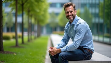 Fototapeta premium Smiling man sitting on bench in modern office park. Professional employee resting during break. Business entrepreneur outdoor, corporate campus lifestyle and success concept.