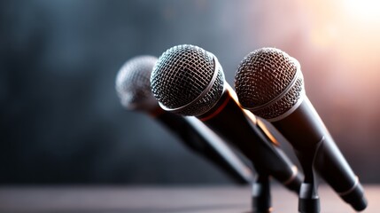 Obraz premium Close-up of Professional Microphones Captured in Misty Morning Light