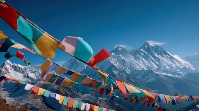 Colorful Tibetan prayer flags fluttering in strong wind. Snow-capped Himalayan mountains in the background under a clear blue sky. High altitude trekking and spiritual culture in Nepal