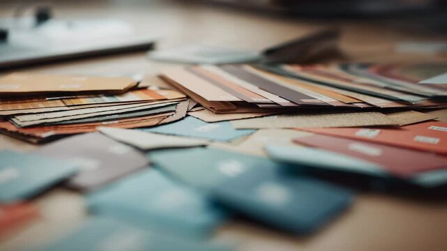 Shifting camera bringing mid sample stack into focus at design desk showing edges for color choice