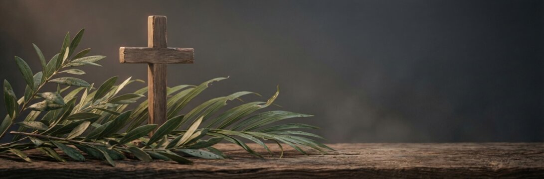 Small wooden cross with green palm frond and olive branches on a weathered wood surface. Religious background for Easter or Palm Sunday. Panoramic banner with copy space for text