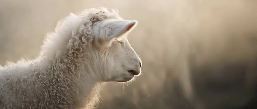 Close-up of a young white lamb looking at the camera and turning its head. Soft golden hour lighting with rim light on wool. Agriculture and spring concept. Copy space for text