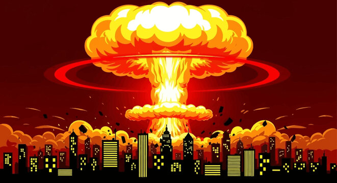 Pixel art illustration of a mushroom cloud exploding over a cityscape with a dark red background