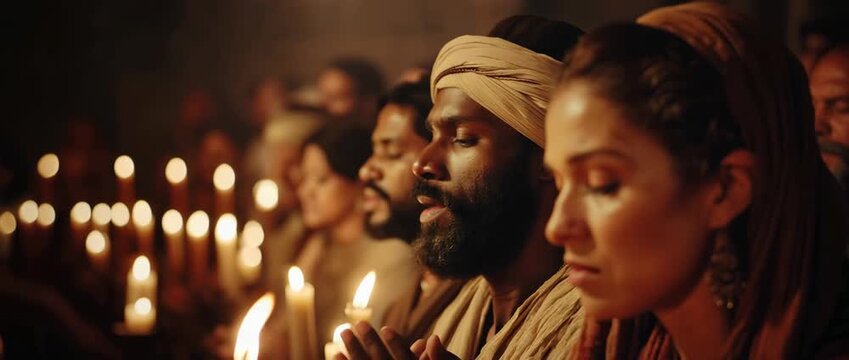 People praying with candles in a dark room. Diverse group in ancient attire meditating. Faith and spirituality concept. Cinematic close-up of a man and woman in prayer