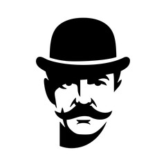 Logo moda de caballero. Icono con dibujo de un hombre con bigote y sombrero bomb&iacute;n