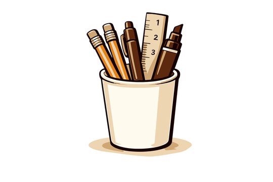 Vaso con l&aacute;pices y material de oficina ilustraci&oacute;n