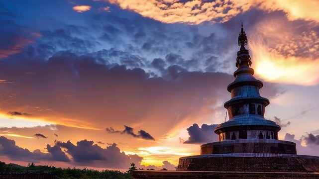 Time-lapse of a tiered Thai pagoda silhouetted against a dramatic sunset. Fast-moving clouds and sun rays over a Buddhist stupa. Spiritual landscape and travel concept