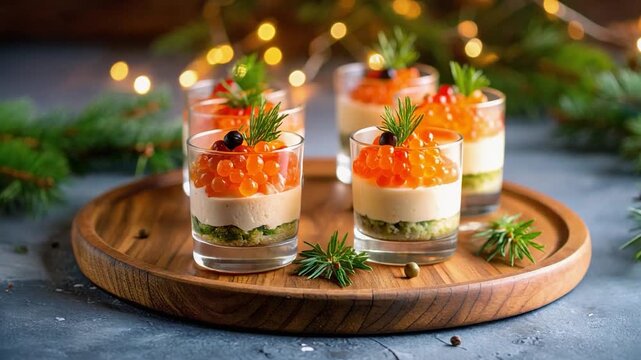 Elegant salmon caviar appetizers layered with cream and herbs in small glass cups, served on a rustic wooden board for festive gourmet dining.