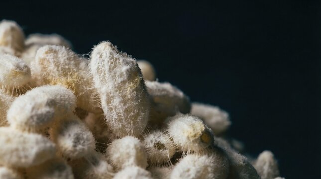 Aspergillus oryzae culture used in Koji rice fermentation, showcasing white mycelium growth on rice grains against a dark background