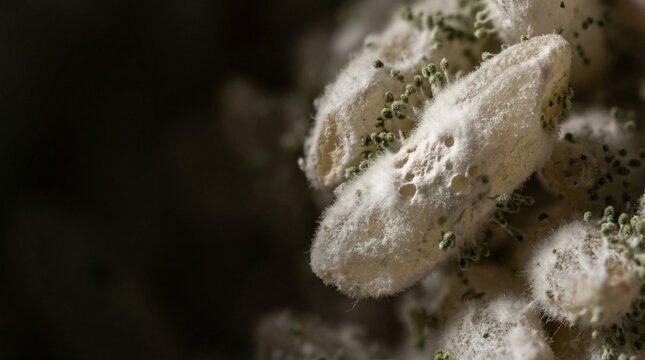 Close-up of Aspergillus oryzae mold culture on Koji rice, showcasing white mycelium and green spores in a dark environment