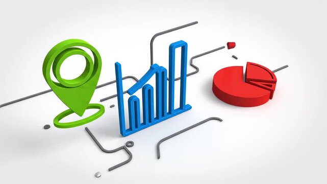 3D bar and pie charts in blue and red colors. The bar chart shows increasing values, while the pie chart is partially filled, representing data visualization concepts.