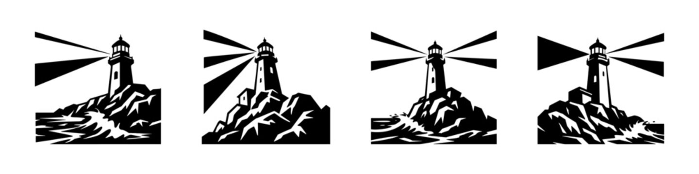 Black and white lighthouse silhouette set vector illustration of coastal scenes