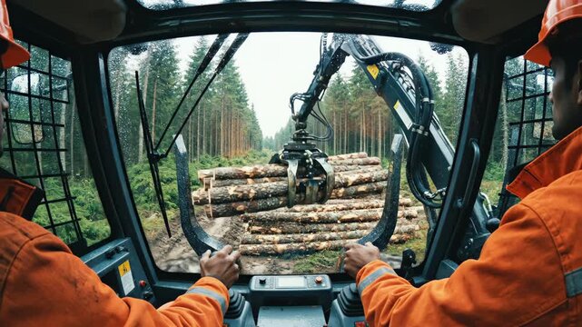 Forest workers operate heavy machinery grabbing logs. This POV shot captures the industrial timber harvesting process. Orange safety gear is visible.