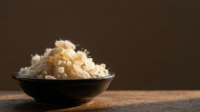 Koji rice fermentation with aspergillus oryza culture displayed in a black bowl on a wooden surface, illuminated by soft natural side light