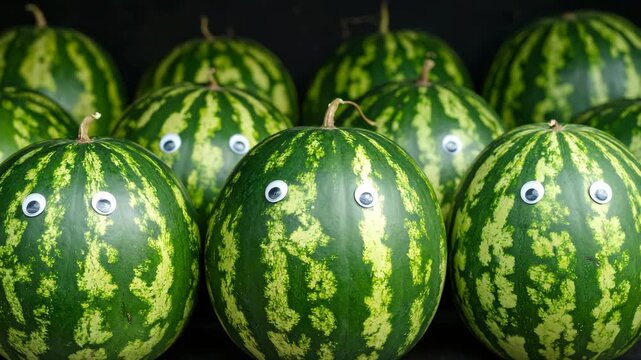 Whimsical watermelons with googly eyes arranged in a group