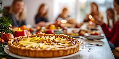 Fototapeta premium Thanksgiving dinner, apple pie, vegan dishes.