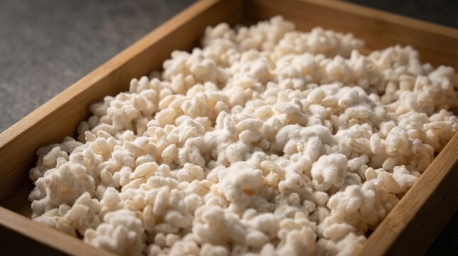 Koji rice fermentation process with Aspergillus oryza culture in a wooden tray, showcasing the white, fluffy rice grains