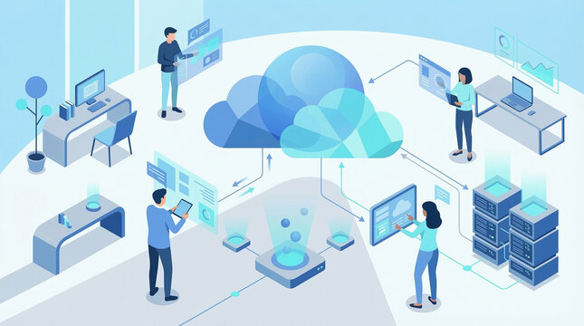 Global cloud computing network infrastructure connecting diverse digital devices and distributed data storage for seamless information exchange and collaborative workspace management