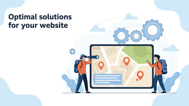 Men with backpacks examining a digital map on a large tablet, seeking optimal website solutions and showcasing geographical data.