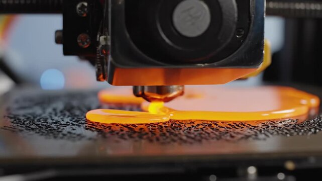 Close Up Of 3D Printer Nozzle Extruding Molten Orange Plastic Creating Object On Black Textured Bed With Soft Blue Bokeh Background