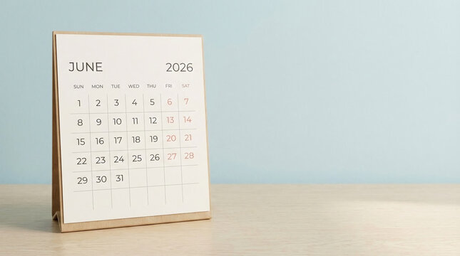 Table calendar displaying June 2026 on a beige wooden desk against a light blue background, representing schedule, event planning or future date