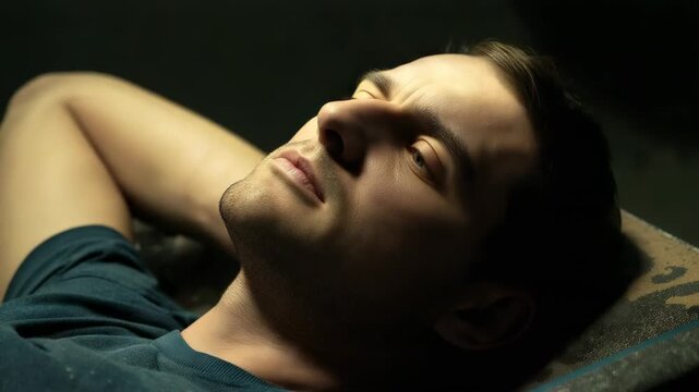 Shifting gaze, man in blue T-shirt closing eyes to rest in dim room on patterned cushion